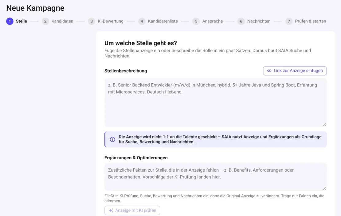 Kampagnen-Assistent in Secret AI Agent: Schritt 1 von 7, die Stelle beschreiben