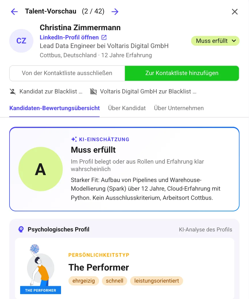 Talent-Vorschau in Secret AI Agent: Kandidatin mit KI-Einschätzung A und Begründung