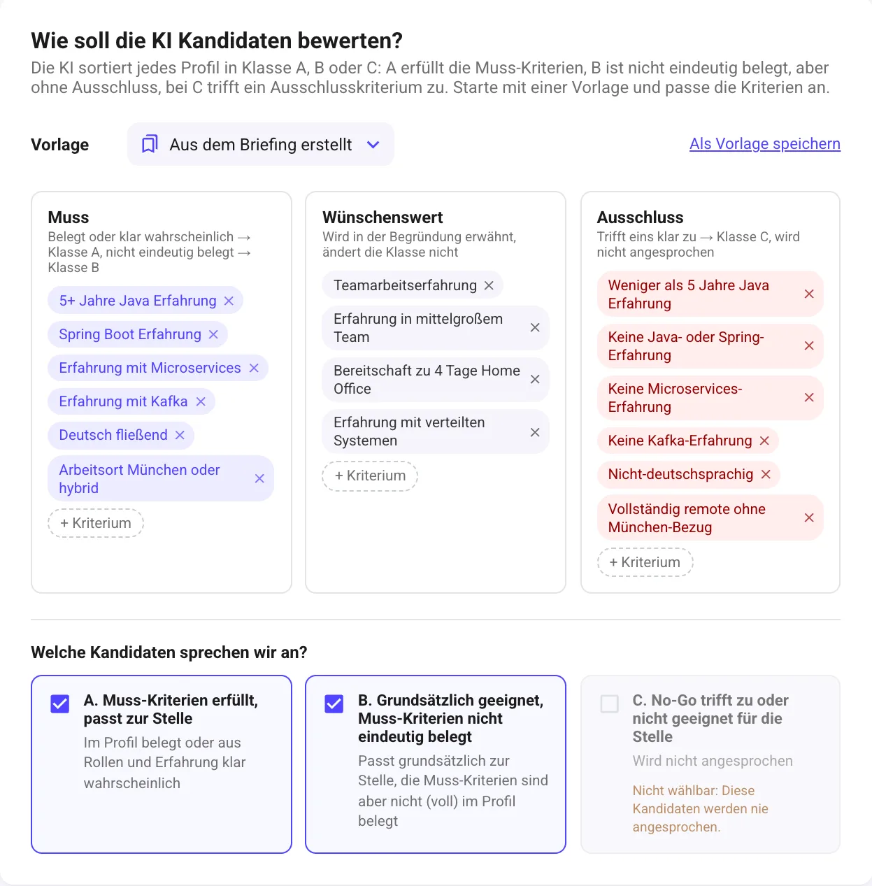 KI-Bewertung in Secret AI Agent: Muss-, Wunsch- und Ausschlusskriterien und die Auswahl der Klassen A, B und C