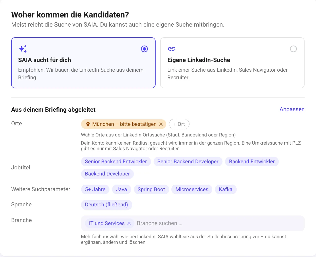 Suche in Secret AI Agent: aus dem Briefing abgeleitete Orte, Jobtitel, Suchparameter, Sprache und Branche